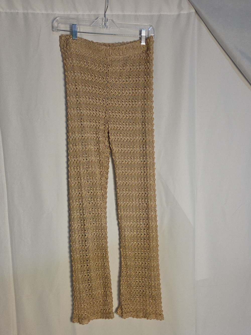 Gold Shimmer Textured Knit Flare Pants in Natural Tan NWT